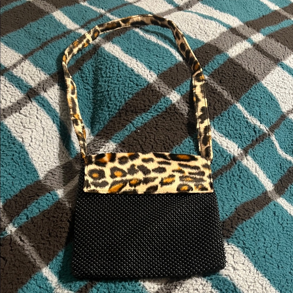 Black Beaded Shoulder or crossbody Bag with Leopard Accent